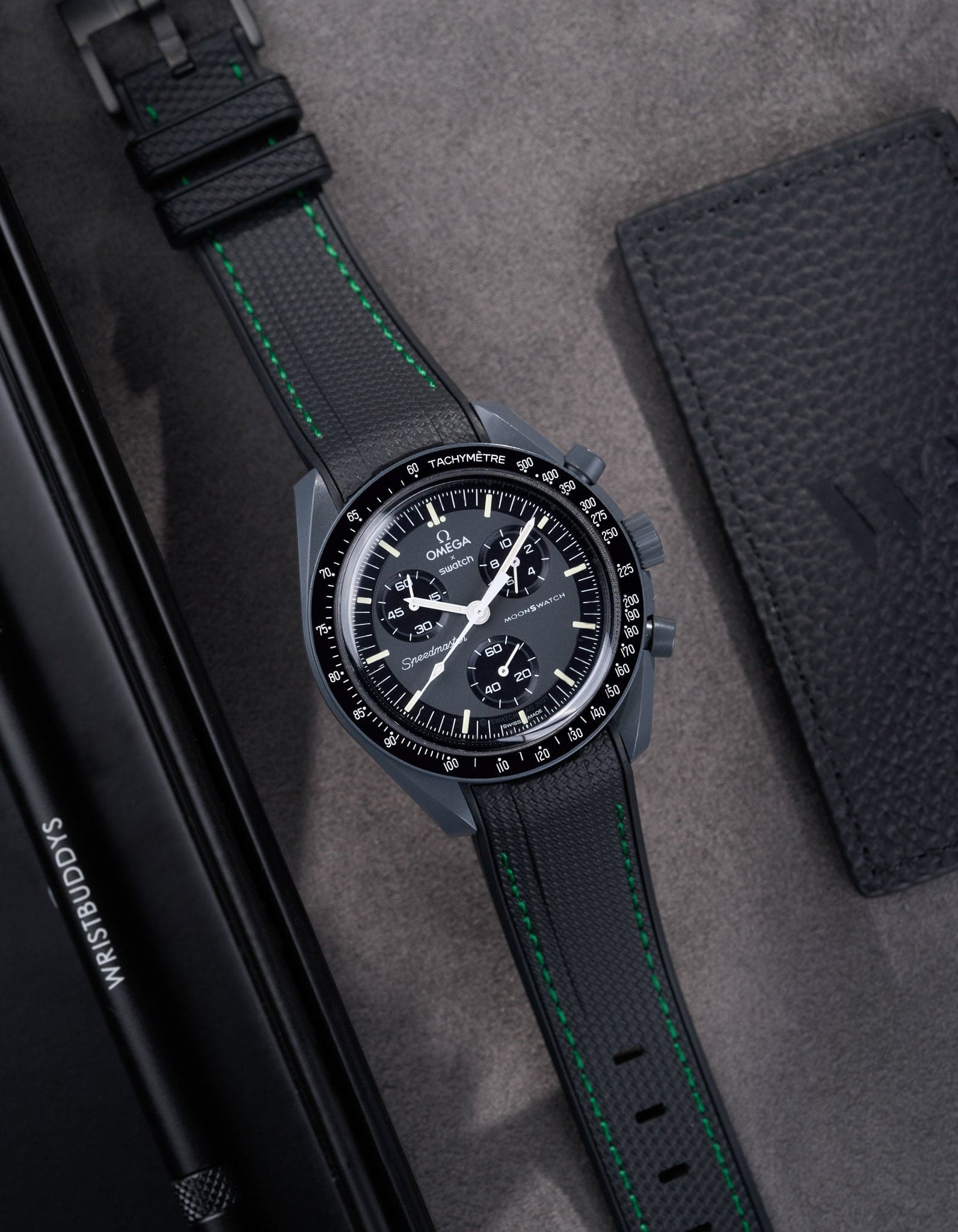 Curved Vertech Rubber Strap - Black & Green Stitches - OM Luxury