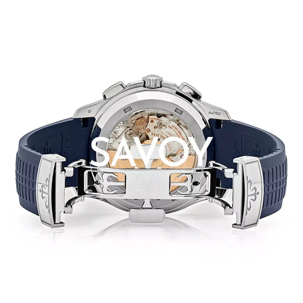 Luxury men's watch with blue rubber strap, exhibition case back, and visible automatic movement