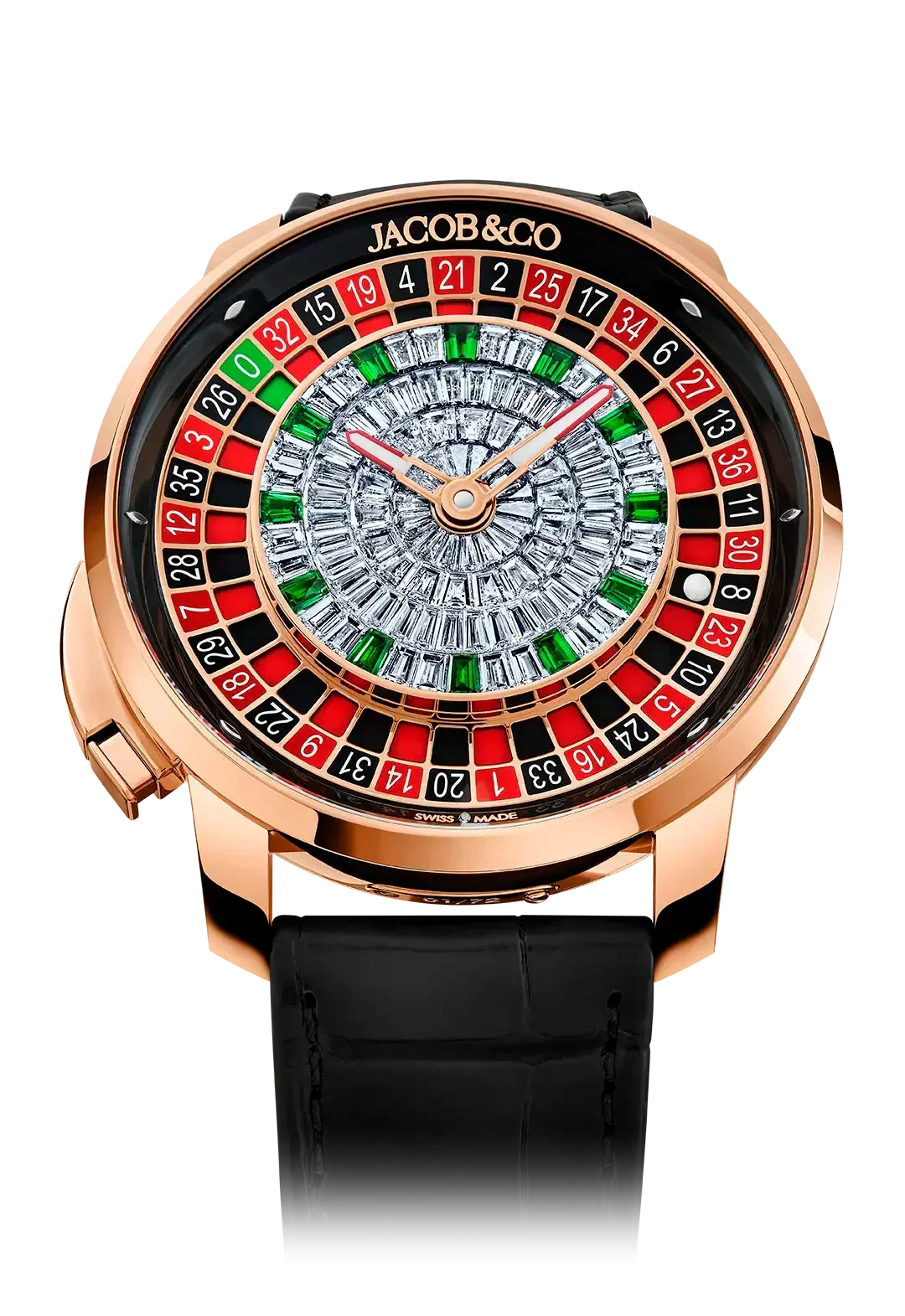 Luxury men's watch with rose gold case, diamond-encrusted face, and roulette wheel design