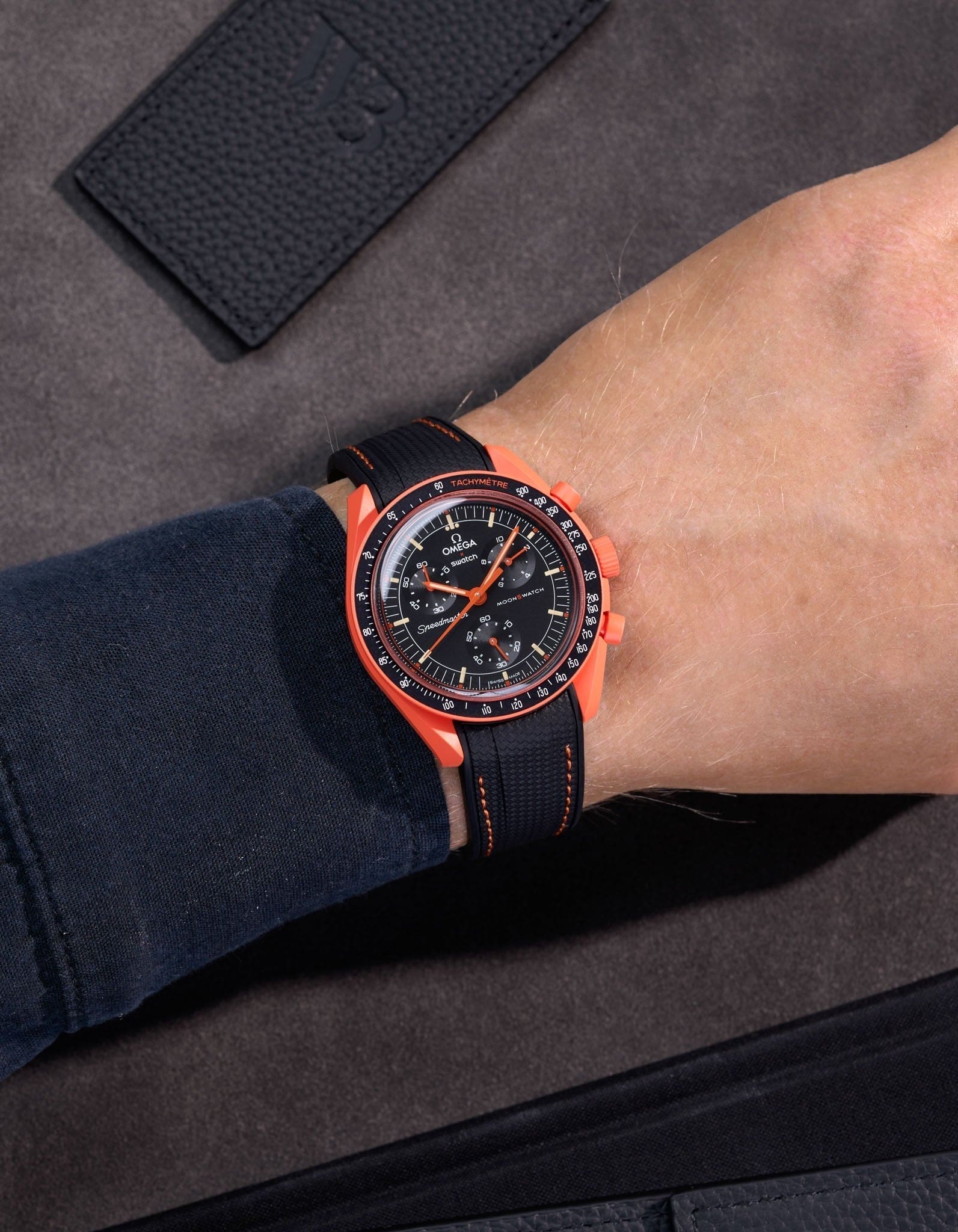Curved Vertech Rubber Strap - Black & Orange Stitches - OM Luxury